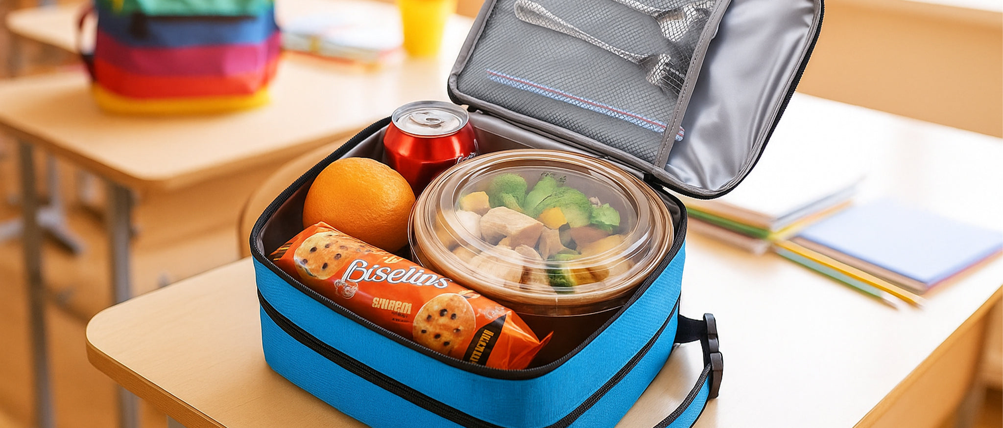 Tirrinia lunch bag opened on the desk filled with delicious food