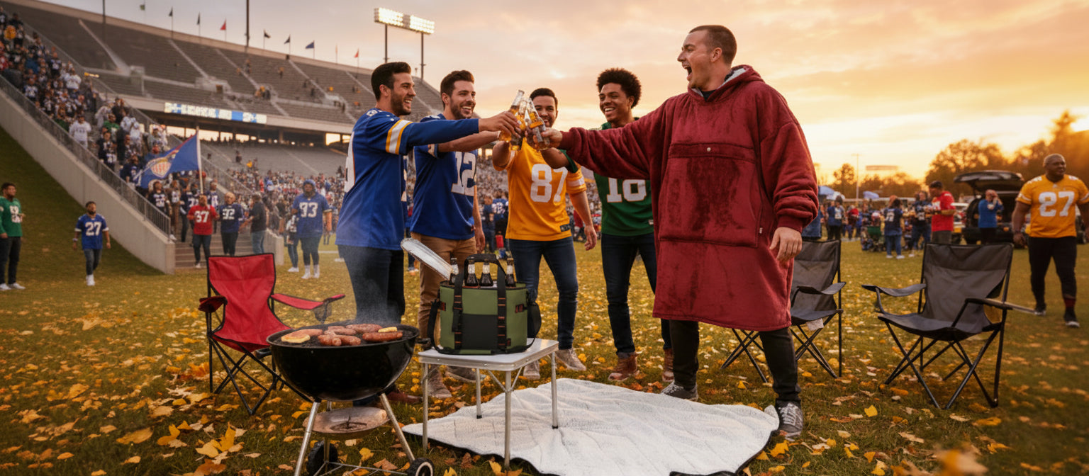 NFL tailgate party with Tirrinia insulated beer cooler bag keeping drinks cold and waterproof blanket providing a dry, cozy spot.
