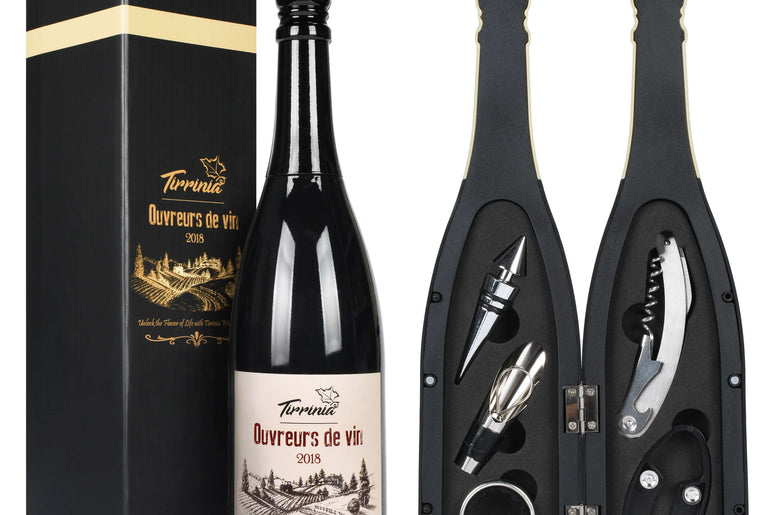 Tirrinia Wine Bottle Shaped Wine Opener Set — 3 or 5 Piece Premium Wine Tool Kit with Corkscrew, Pourer, Stopper & Drip Ring, Gift Box Included