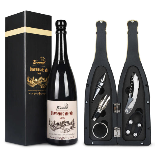 Tirrinia Wine Bottle Shaped Wine Opener Set — 3 or 5 Piece Premium Wine Tool Kit with Corkscrew, Pourer, Stopper & Drip Ring, Gift Box Included