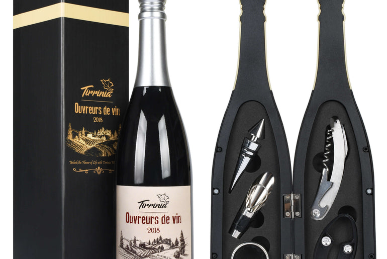 Tirrinia Wine Bottle Shaped Wine Opener Set — 3 or 5 Piece Premium Wine Tool Kit with Corkscrew, Pourer, Stopper & Drip Ring, Gift Box Included