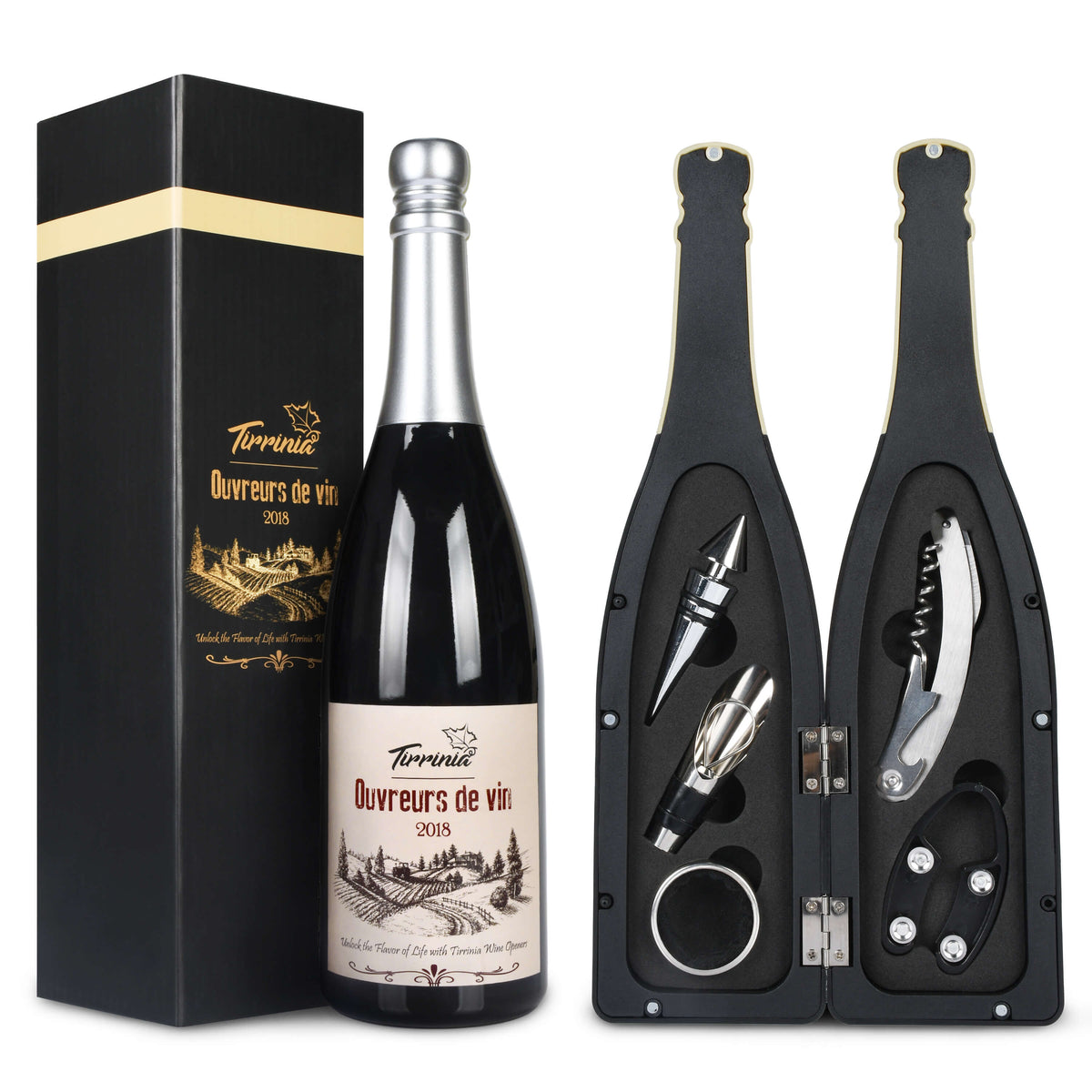 Tirrinia Wine Bottle Shaped Wine Opener Set — 3 or 5 Piece Premium Wine Tool Kit with Corkscrew, Pourer, Stopper & Drip Ring, Gift Box Included