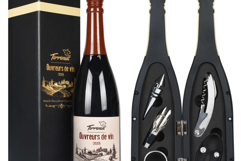 Tirrinia Wine Bottle Shaped Wine Opener Set — 3 or 5 Piece Premium Wine Tool Kit with Corkscrew, Pourer, Stopper & Drip Ring, Gift Box Included