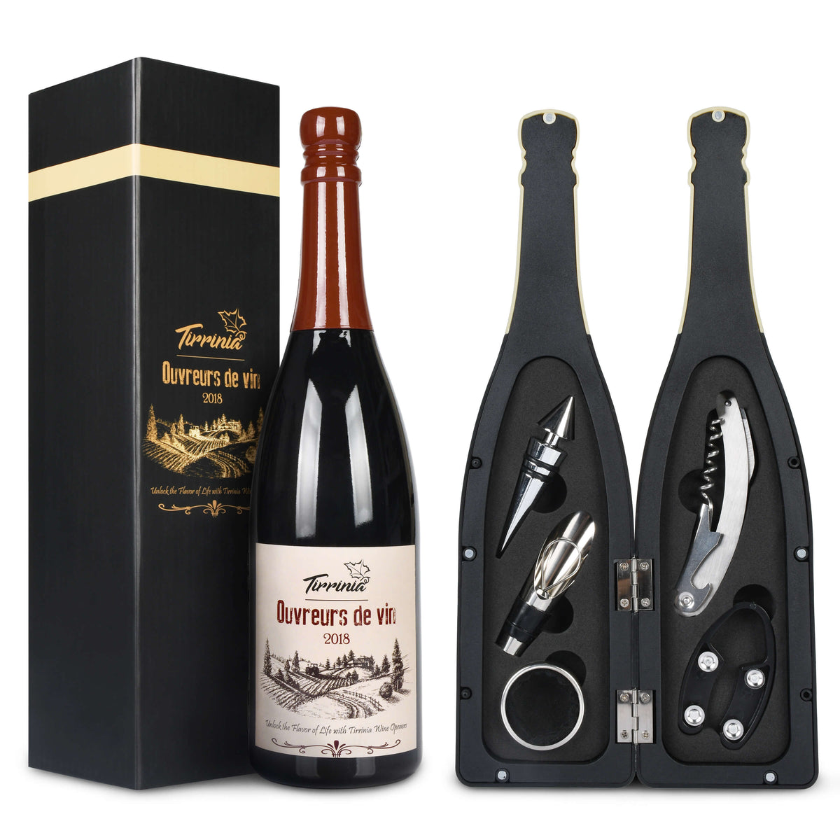 Tirrinia Wine Bottle Shaped Wine Opener Set — 3 or 5 Piece Premium Wine Tool Kit with Corkscrew, Pourer, Stopper & Drip Ring, Gift Box Included