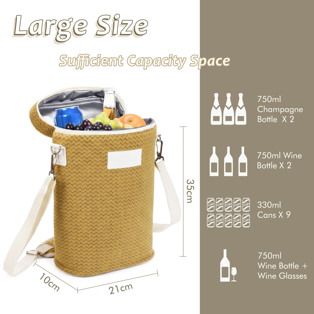 2-Bottle Insulated Wine Cooler Bag — Zipper-Top Tote with Detachable Shoulder Strap