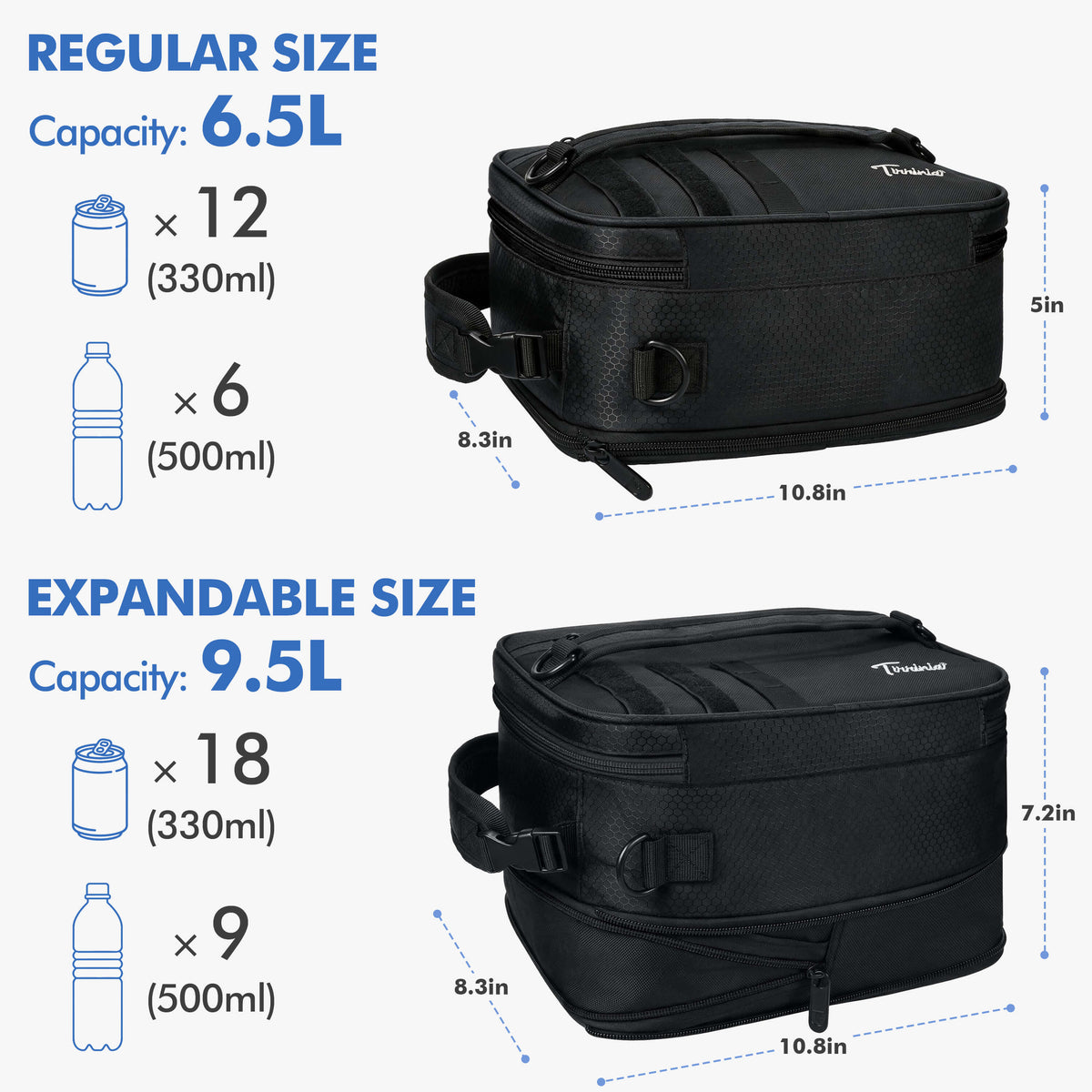 Tirrinia Expanded Insulated Cooler — 6.5L to 9.5L, Leakproof, 4 Ways to Carry