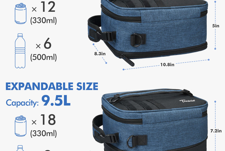 Tirrinia Expanded Insulated Cooler — 6.5L to 9.5L, Leakproof, 4 Ways to Carry
