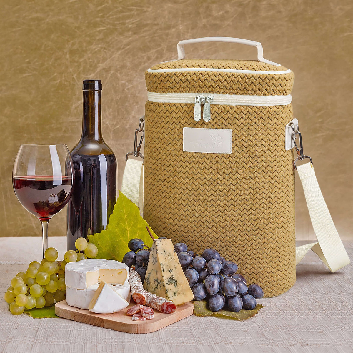 2-Bottle Insulated Wine Cooler Bag — Zipper-Top Tote with Detachable Shoulder Strap