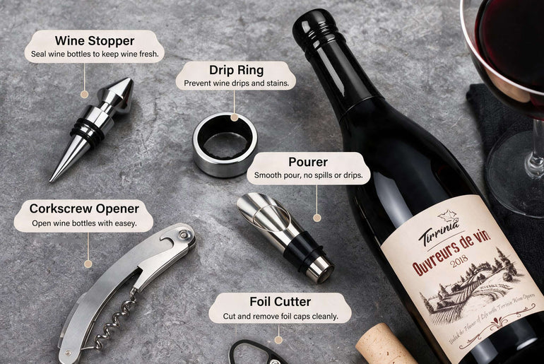 Tirrinia Wine Bottle Shaped Wine Opener Set — 3 or 5 Piece Premium Wine Tool Kit with Corkscrew, Pourer, Stopper & Drip Ring, Gift Box Included