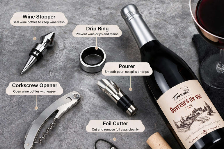 Tirrinia Wine Bottle Shaped Wine Opener Set — 3 or 5 Piece Premium Wine Tool Kit with Corkscrew, Pourer, Stopper & Drip Ring, Gift Box Included