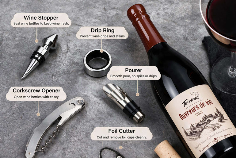 Tirrinia Wine Bottle Shaped Wine Opener Set — 3 or 5 Piece Premium Wine Tool Kit with Corkscrew, Pourer, Stopper & Drip Ring, Gift Box Included