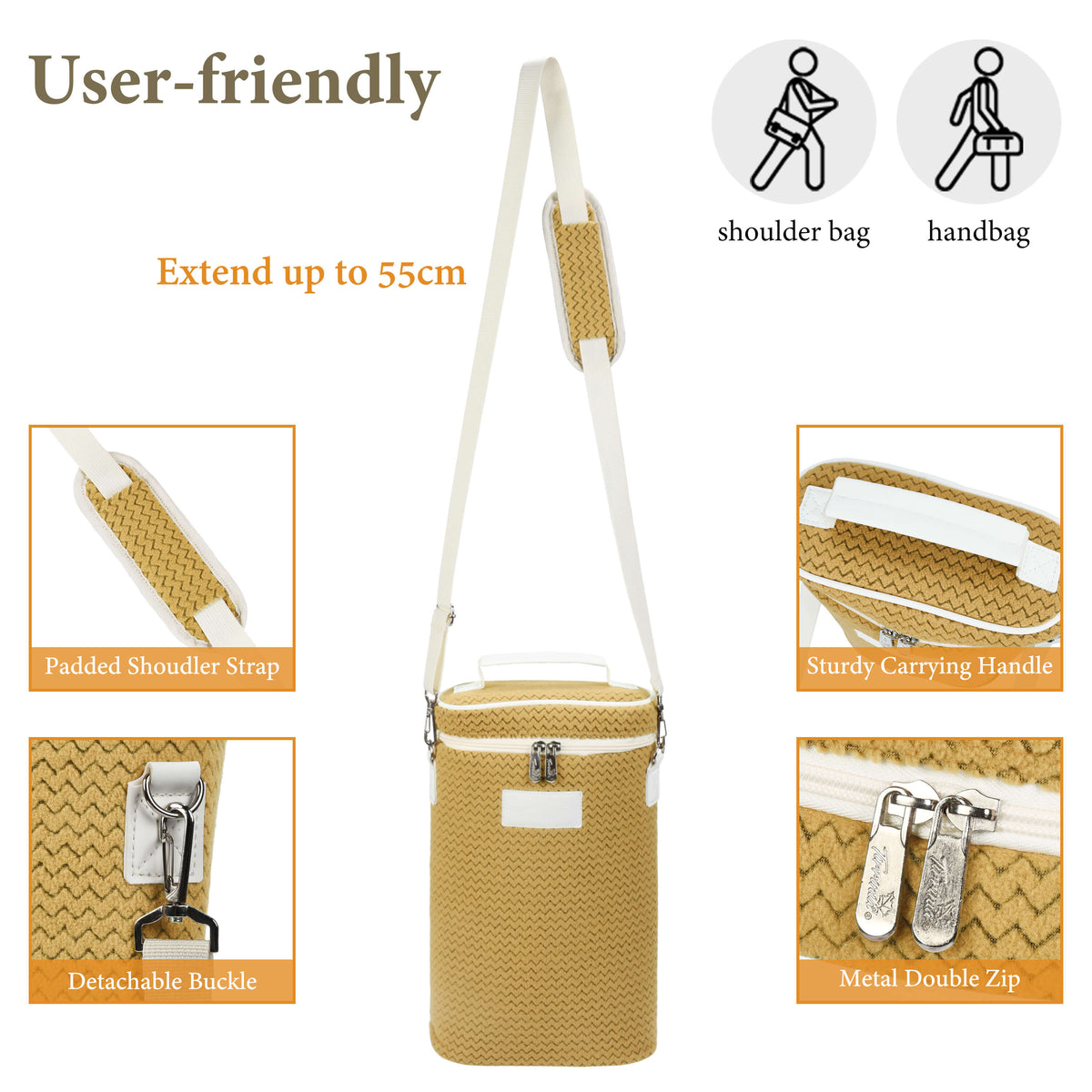 2-Bottle Insulated Wine Cooler Bag — Zipper-Top Tote with Detachable Shoulder Strap