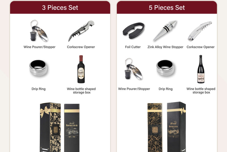 Tirrinia Wine Bottle Shaped Wine Opener Set — 3 or 5 Piece Premium Wine Tool Kit with Corkscrew, Pourer, Stopper & Drip Ring, Gift Box Included