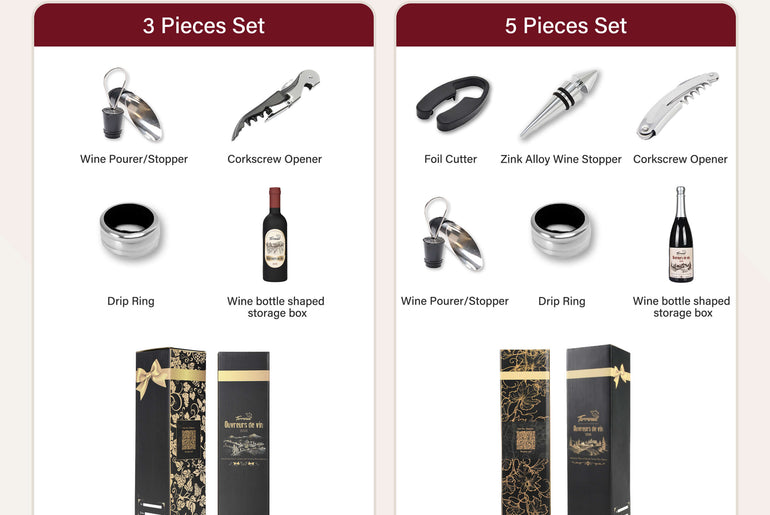 Tirrinia Wine Bottle Shaped Wine Opener Set — 3 or 5 Piece Premium Wine Tool Kit with Corkscrew, Pourer, Stopper & Drip Ring, Gift Box Included