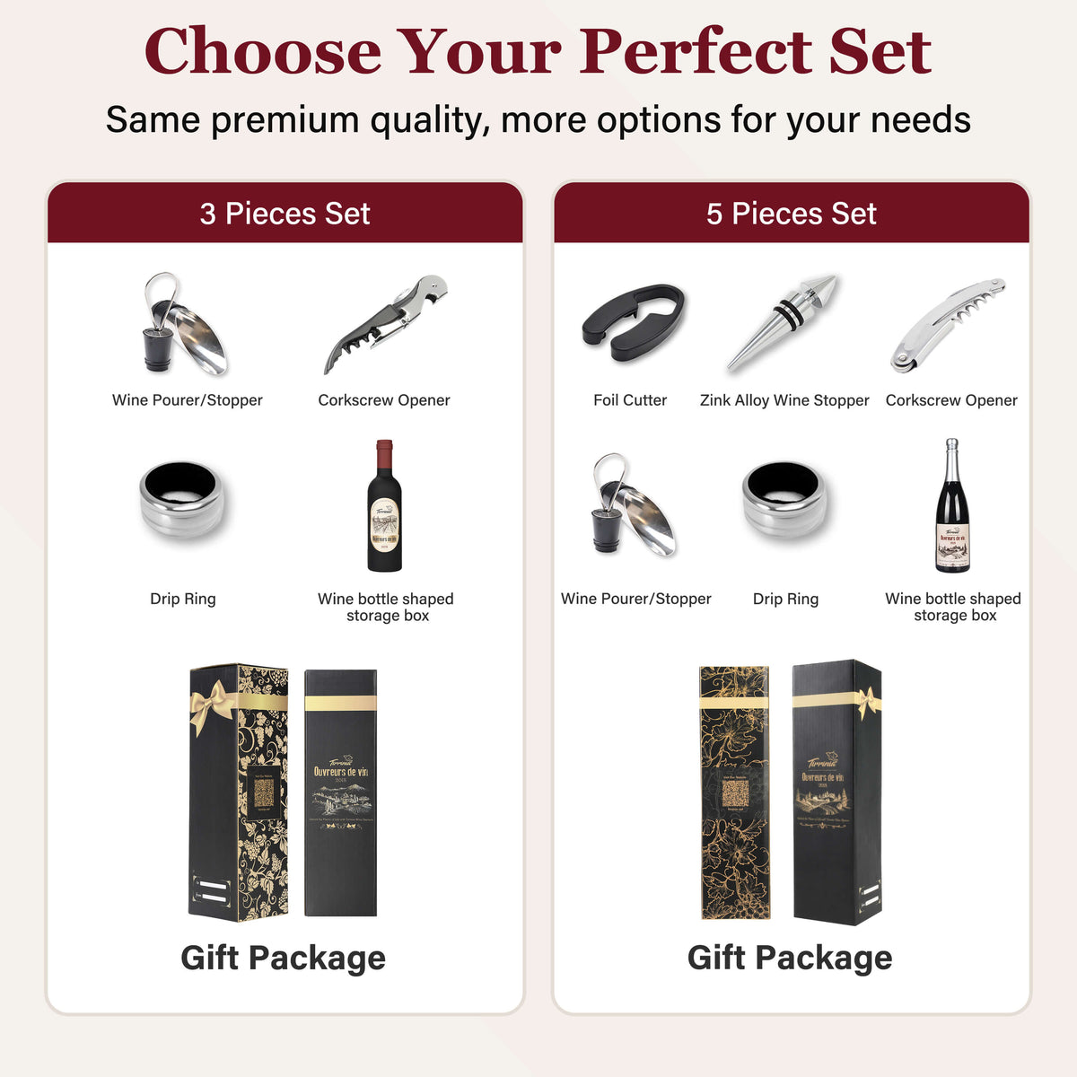 Tirrinia Wine Bottle Shaped Wine Opener Set — 3 or 5 Piece Premium Wine Tool Kit with Corkscrew, Pourer, Stopper & Drip Ring, Gift Box Included