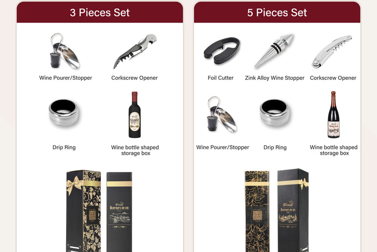 Tirrinia Wine Bottle Shaped Wine Opener Set — 3 or 5 Piece Premium Wine Tool Kit with Corkscrew, Pourer, Stopper & Drip Ring, Gift Box Included