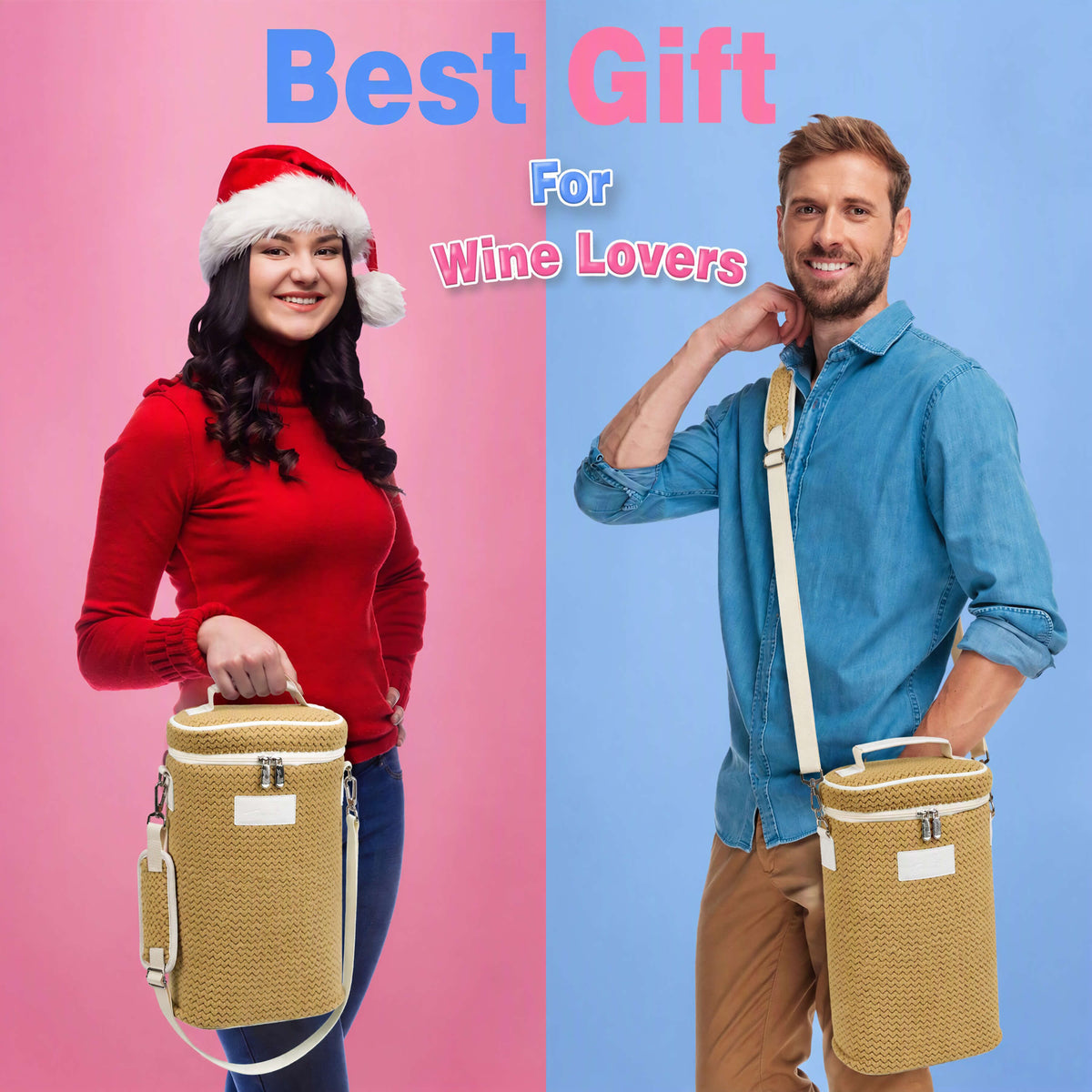 2-Bottle Insulated Wine Cooler Bag — Zipper-Top Tote with Detachable Shoulder Strap