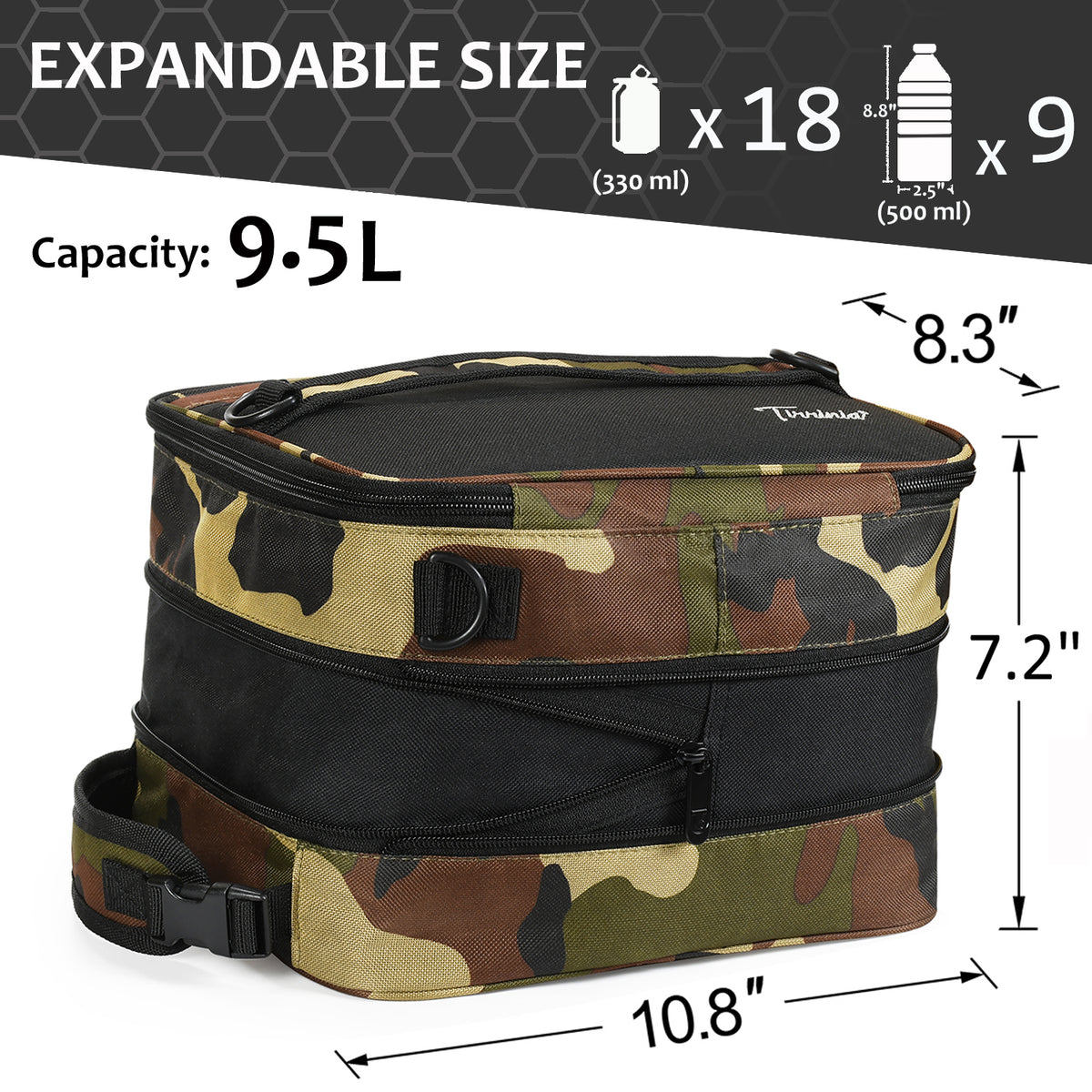 Tirrinia Expandable Camo Lunch Bag size chart