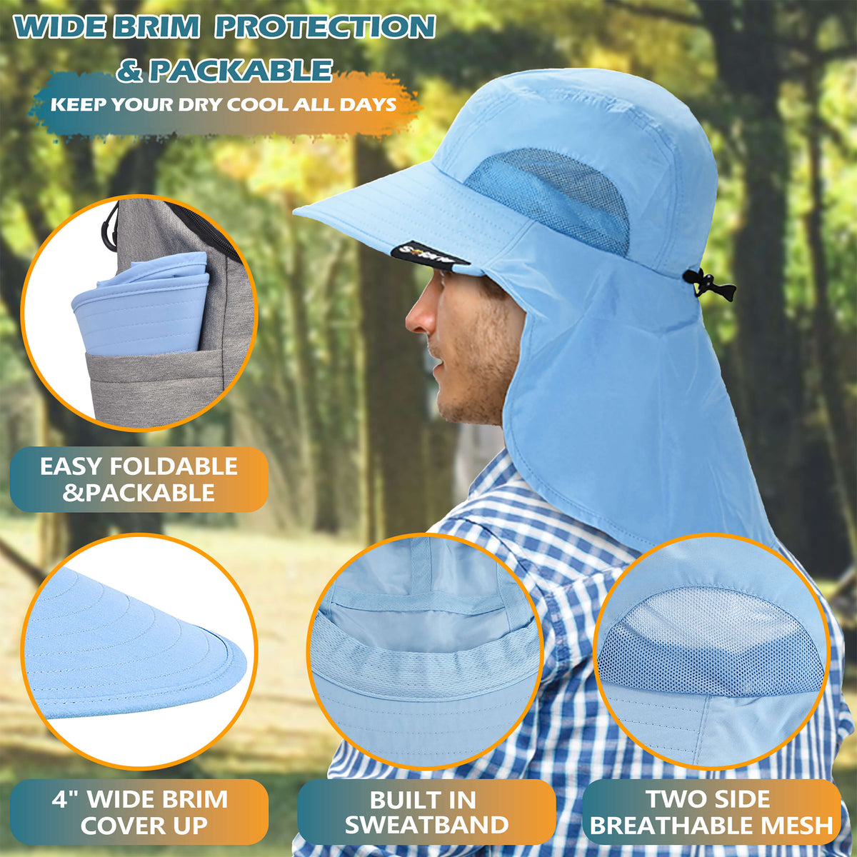 Solaris Unisex Outdoor Sun Protection Fishing Cap with Neck Flap Wide Brim Mesh Hat for Travel Camping Hiking Hunting close-u