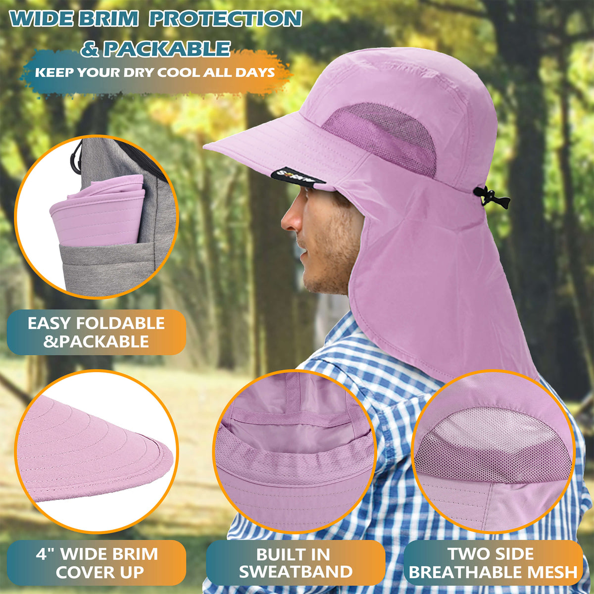 Solaris Unisex Outdoor Sun Protection Fishing Cap with Neck Flap Wide Brim Mesh Hat for Travel Camping Hiking Hunting close-u