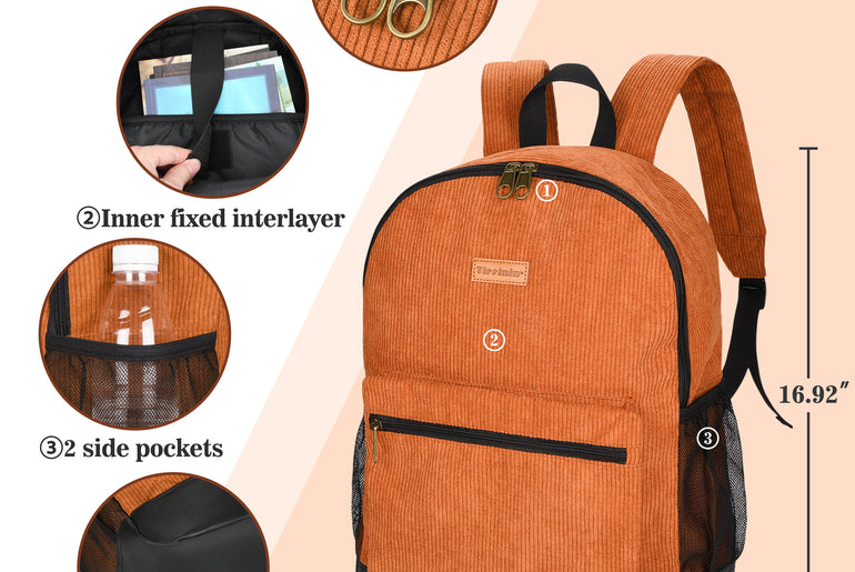 Tirrinia Classic Vintage Orange Corduroy Backpack front view