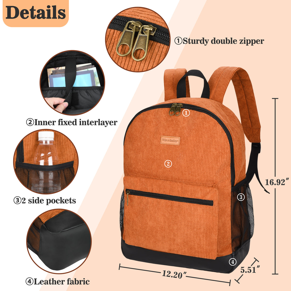 Tirrinia Classic Vintage Orange Corduroy Backpack front view