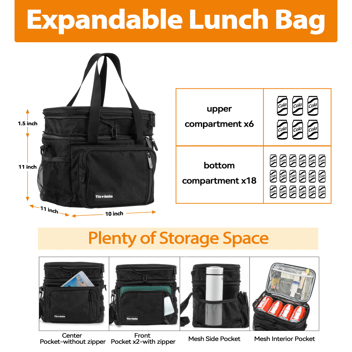 Tirrinia Large Capacity Expandable Insulated Lunch Bag back view