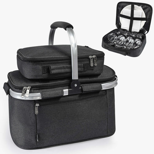 Tirrinia Large Insulated Picnic Basket, 34L Water Resistant & Leakproof Collapsible Portable Cooler Basket Set with Aluminium Handle for Travel,Foldable Grocery Bag, Black