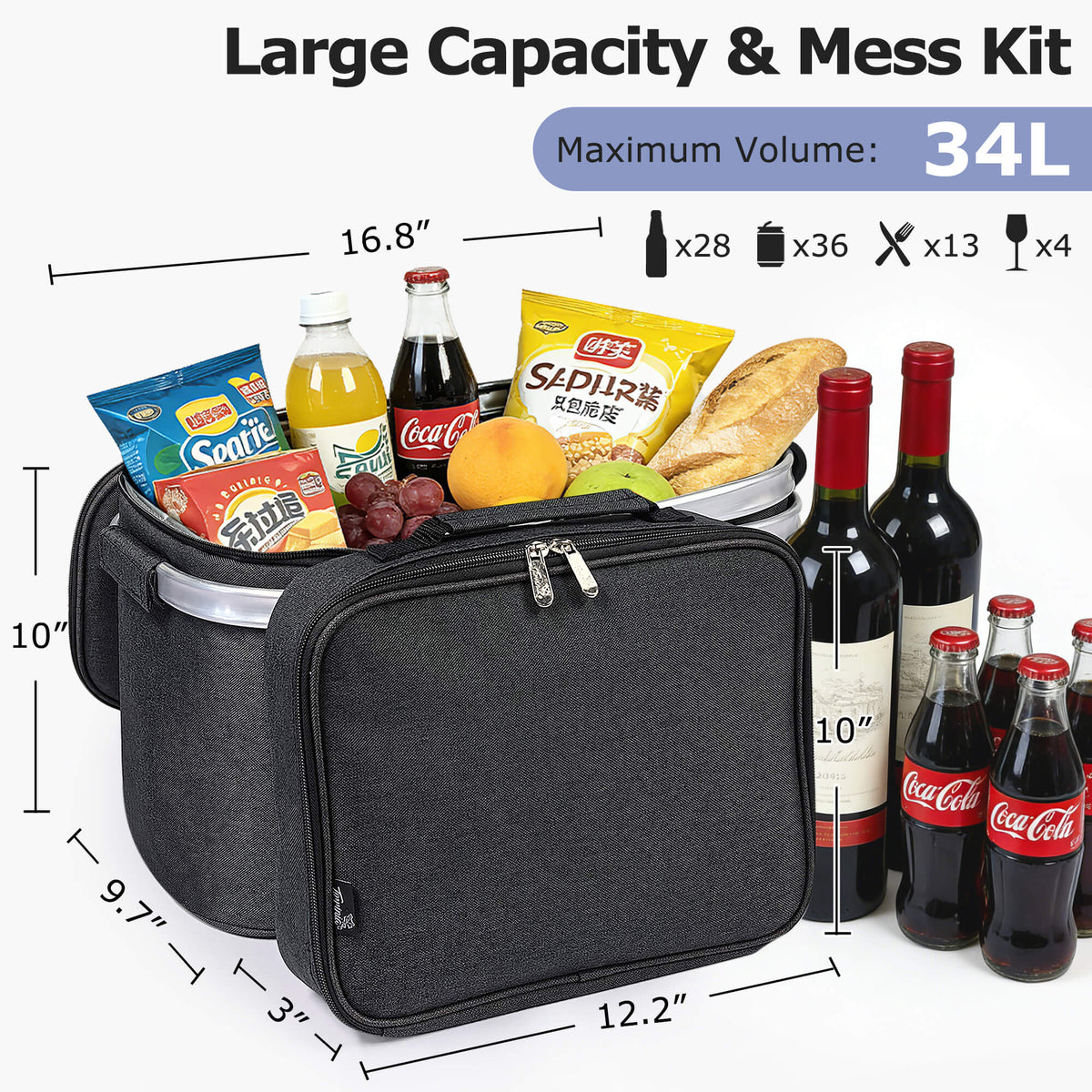 Tirrinia Large Insulated Picnic Basket, 34L Water Resistant & Leakproof Collapsible Portable Cooler Basket Set with Aluminium Handle for Travel,Foldable Grocery Bag, Black