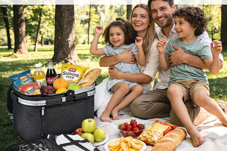 Tirrinia Large Insulated Picnic Basket, 34L Water Resistant & Leakproof Collapsible Portable Cooler Basket Set with Aluminium Handle for Travel,Foldable Grocery Bag, Black