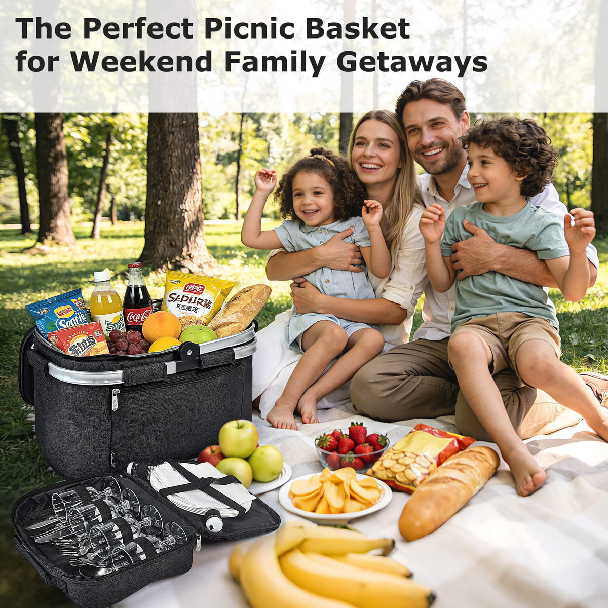 Tirrinia Large Insulated Picnic Basket, 34L Water Resistant & Leakproof Collapsible Portable Cooler Basket Set with Aluminium Handle for Travel,Foldable Grocery Bag, Black