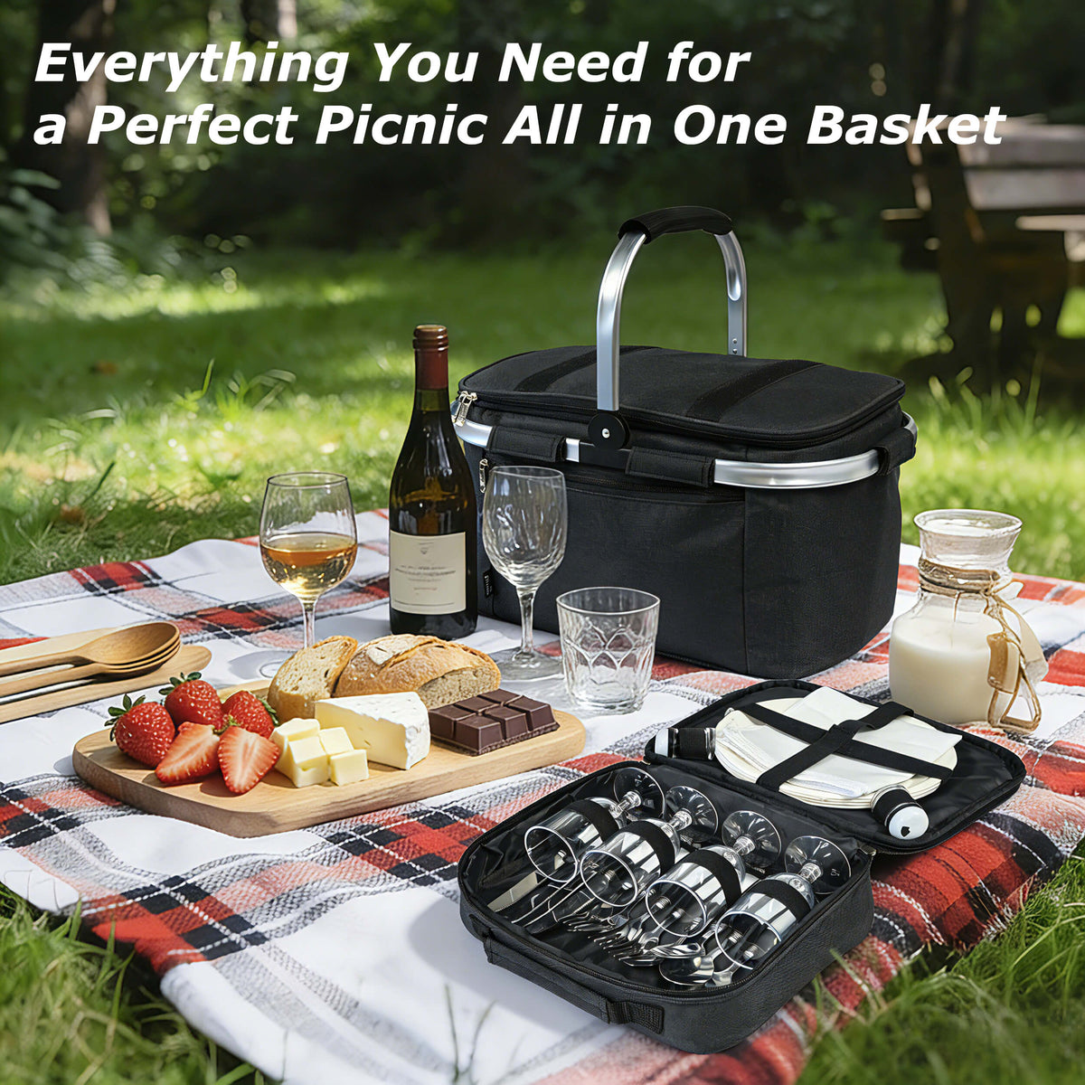 Tirrinia Large Insulated Picnic Basket, 34L Water Resistant & Leakproof Collapsible Portable Cooler Basket Set with Aluminium Handle for Travel,Foldable Grocery Bag, Black