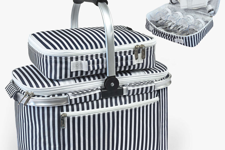 Tirrinia Large Insulated Picnic Basket, 34L Water Resistant & Leakproof Collapsible Portable Cooler Basket Set with Aluminium Handle for Travel,Foldable Grocery Bag, Black