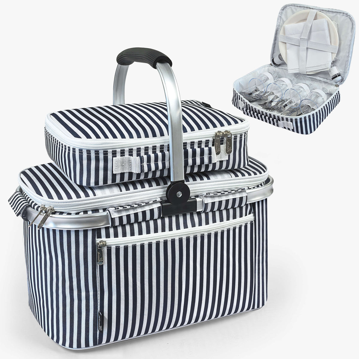 Tirrinia Large Insulated Picnic Basket, 34L Water Resistant & Leakproof Collapsible Portable Cooler Basket Set with Aluminium Handle for Travel,Foldable Grocery Bag, Black