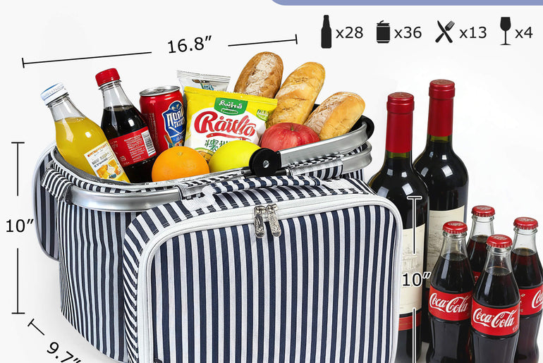 Tirrinia Large Insulated Picnic Basket, 34L Water Resistant & Leakproof Collapsible Portable Cooler Basket Set with Aluminium Handle for Travel,Foldable Grocery Bag, Black