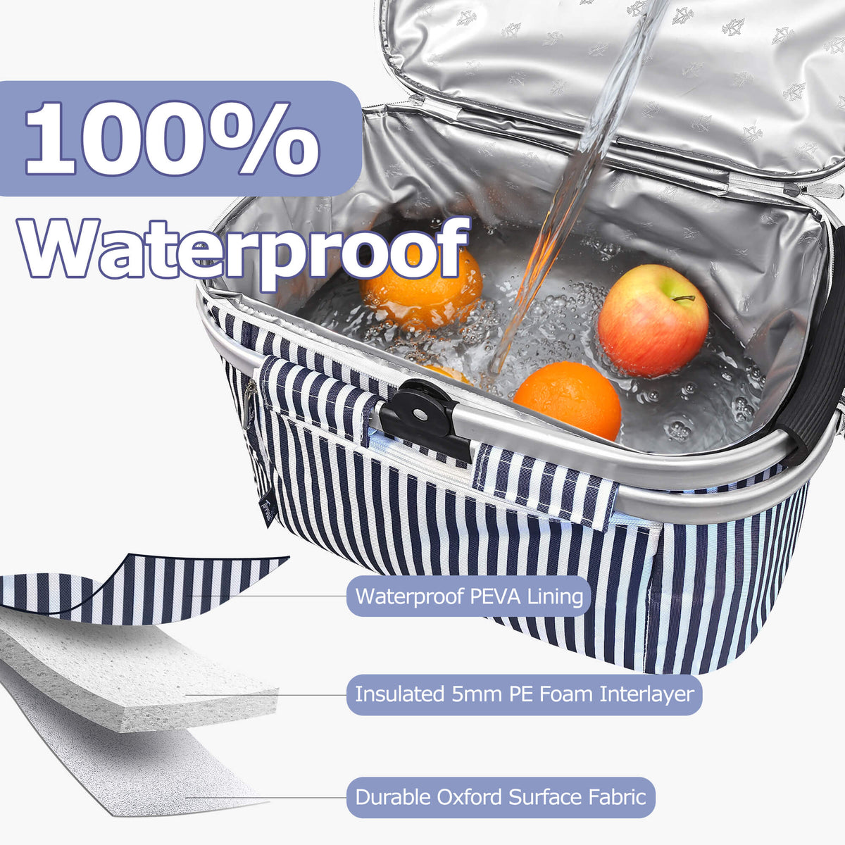 Tirrinia Large Insulated Picnic Basket, 34L Water Resistant & Leakproof Collapsible Portable Cooler Basket Set with Aluminium Handle for Travel,Foldable Grocery Bag, Black