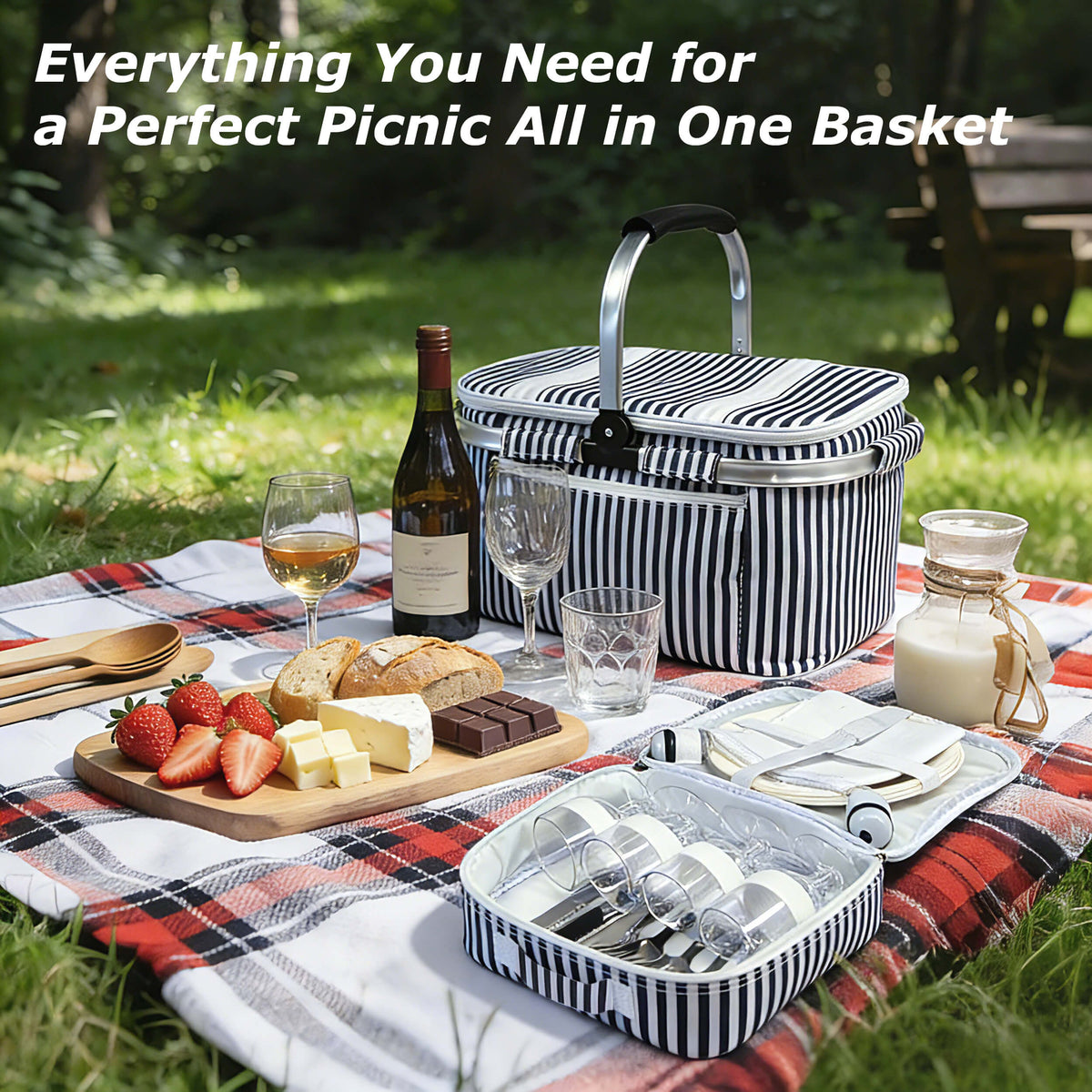 Tirrinia Large Insulated Picnic Basket, 34L Water Resistant & Leakproof Collapsible Portable Cooler Basket Set with Aluminium Handle for Travel,Foldable Grocery Bag, Black