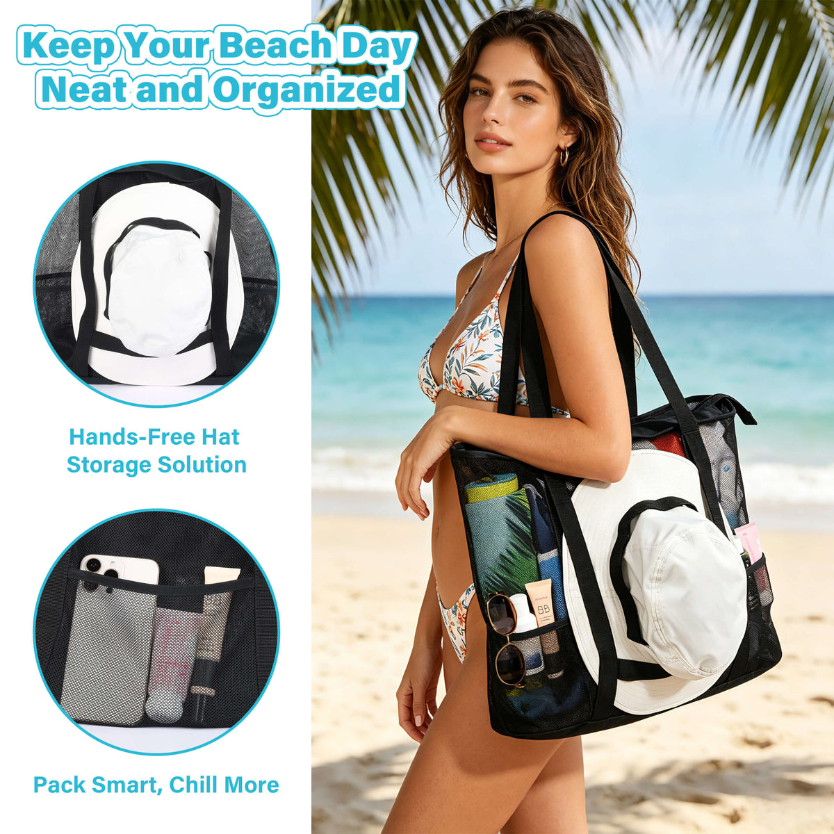 Tirrinia Large Mesh Beach Tote Bag – Sandproof, Quick-Dry Travel Tote with 9 Pockets side view