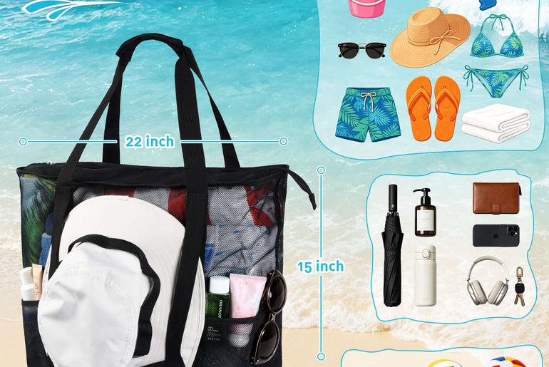 Tirrinia Large Mesh Beach Tote Bag – Sandproof, Quick-Dry Travel Tote with 9 Pockets detail view