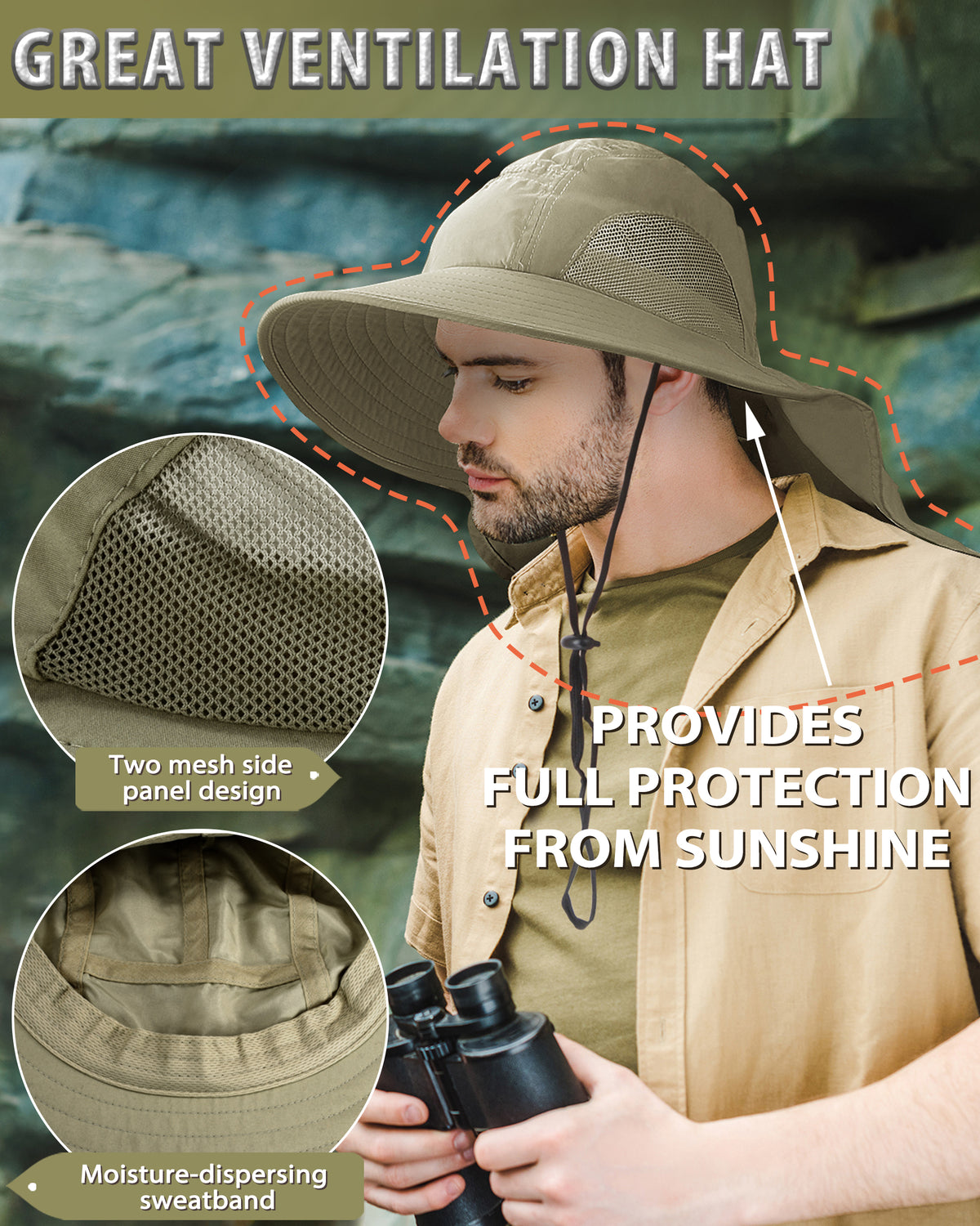 Tirrrinia Men's Wide Brim Sun Hat with Neck Flap