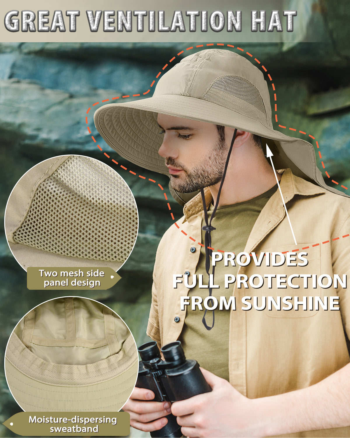 Tirrrinia Men's Wide Brim Sun Hat with Neck Flap