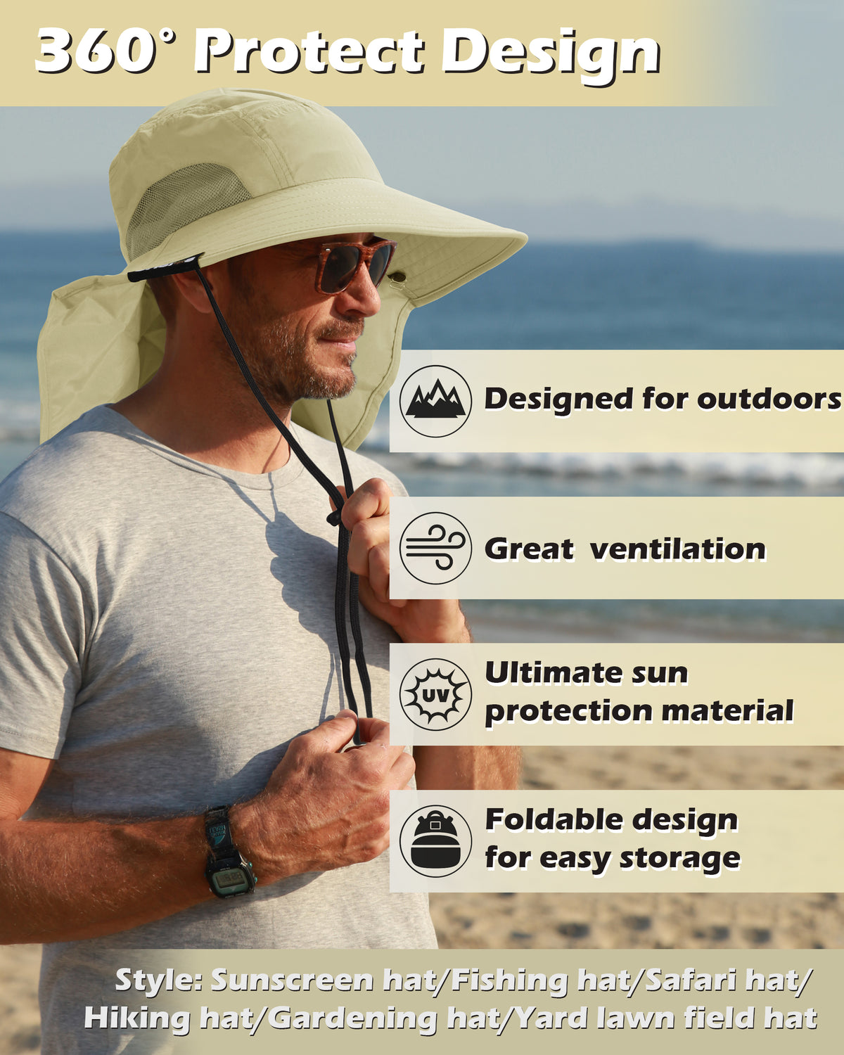 Tirrrinia Men's Wide Brim Sun Hat with Neck Flap