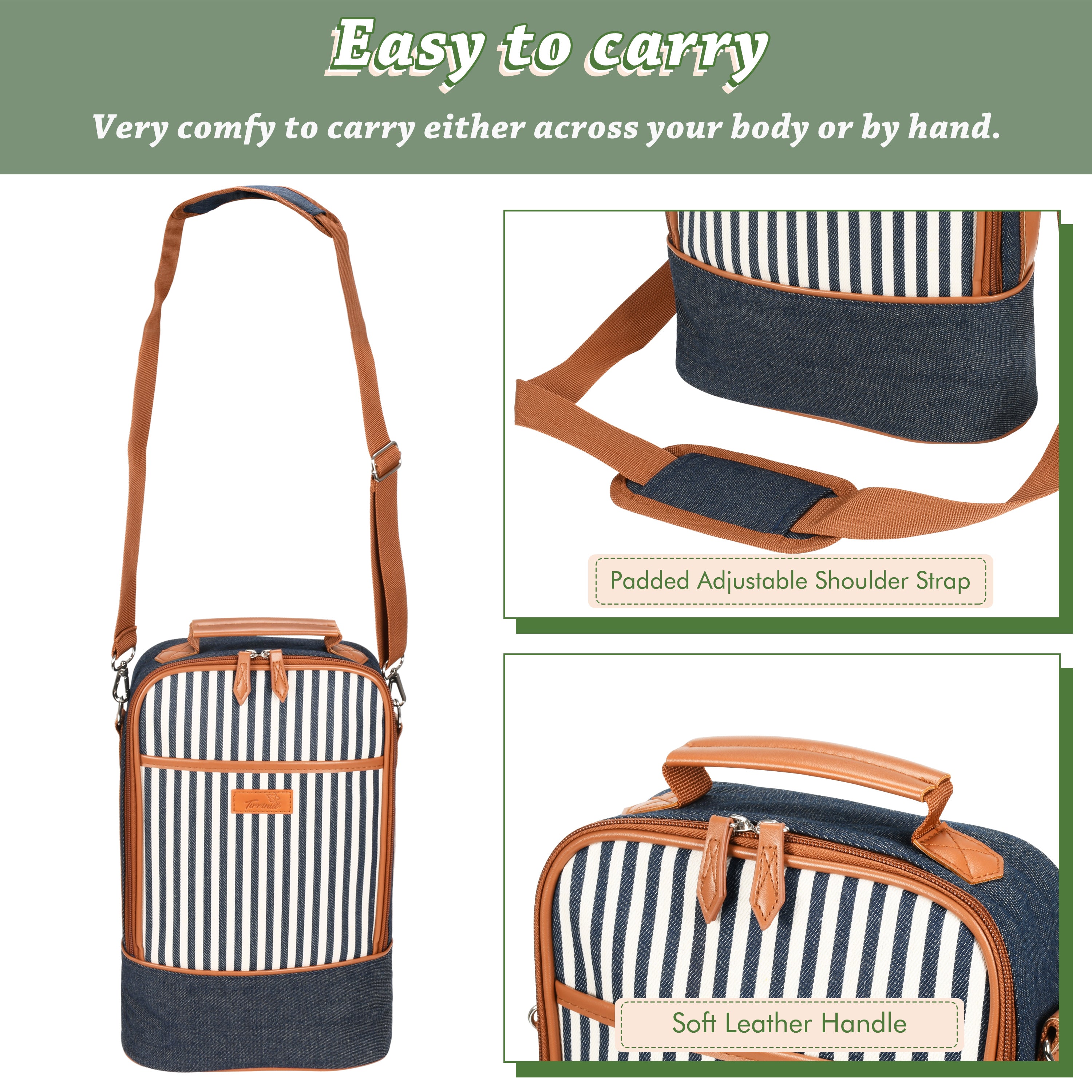 Tirrinia 2 Bottle Wine Tote Carrier - Insulated & Padded Cooler Bag For Travel, BYOB, Wine Tasting, Parties