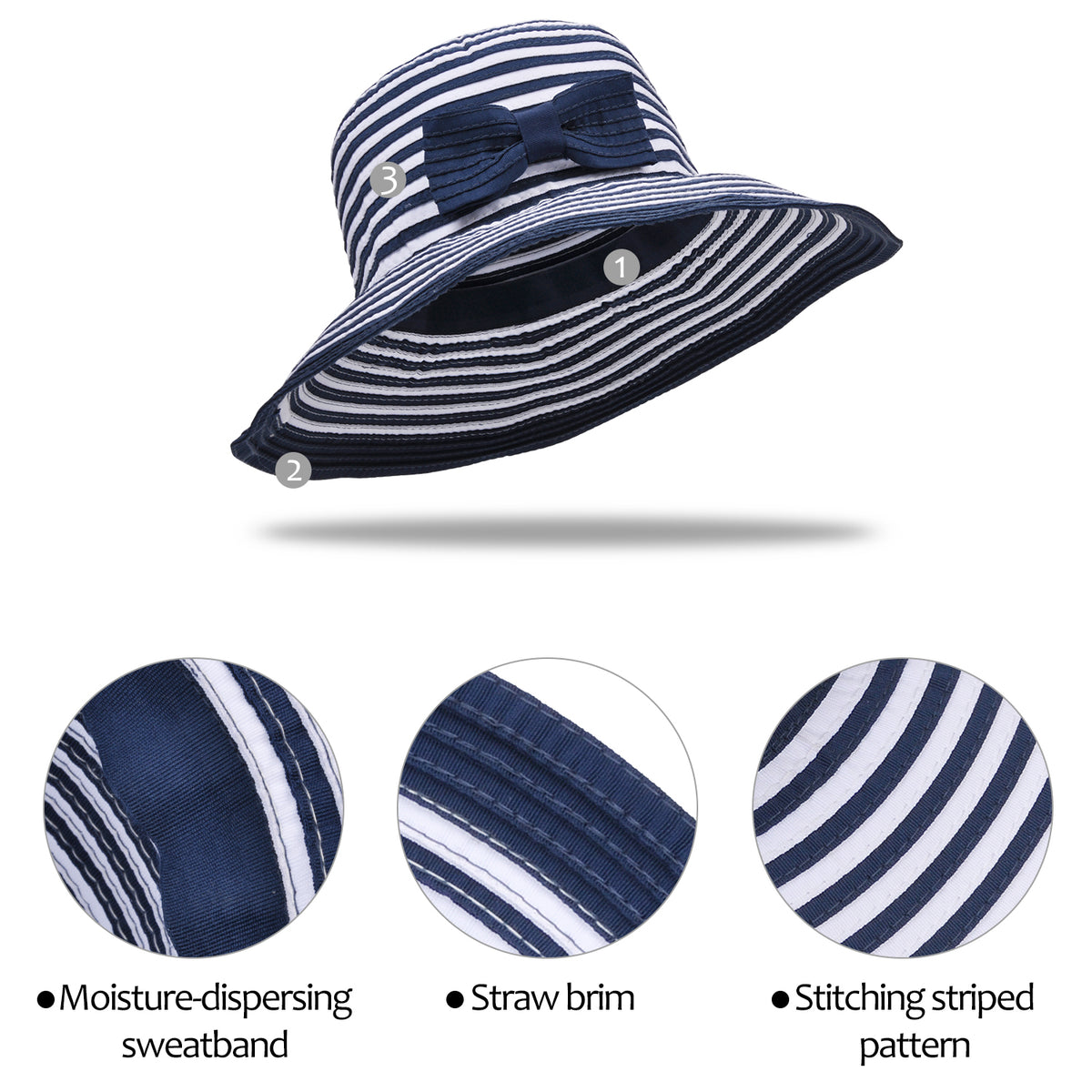 Tirrinia Elegant Chic Women's Striped Straw Hat with Bow Tie front view